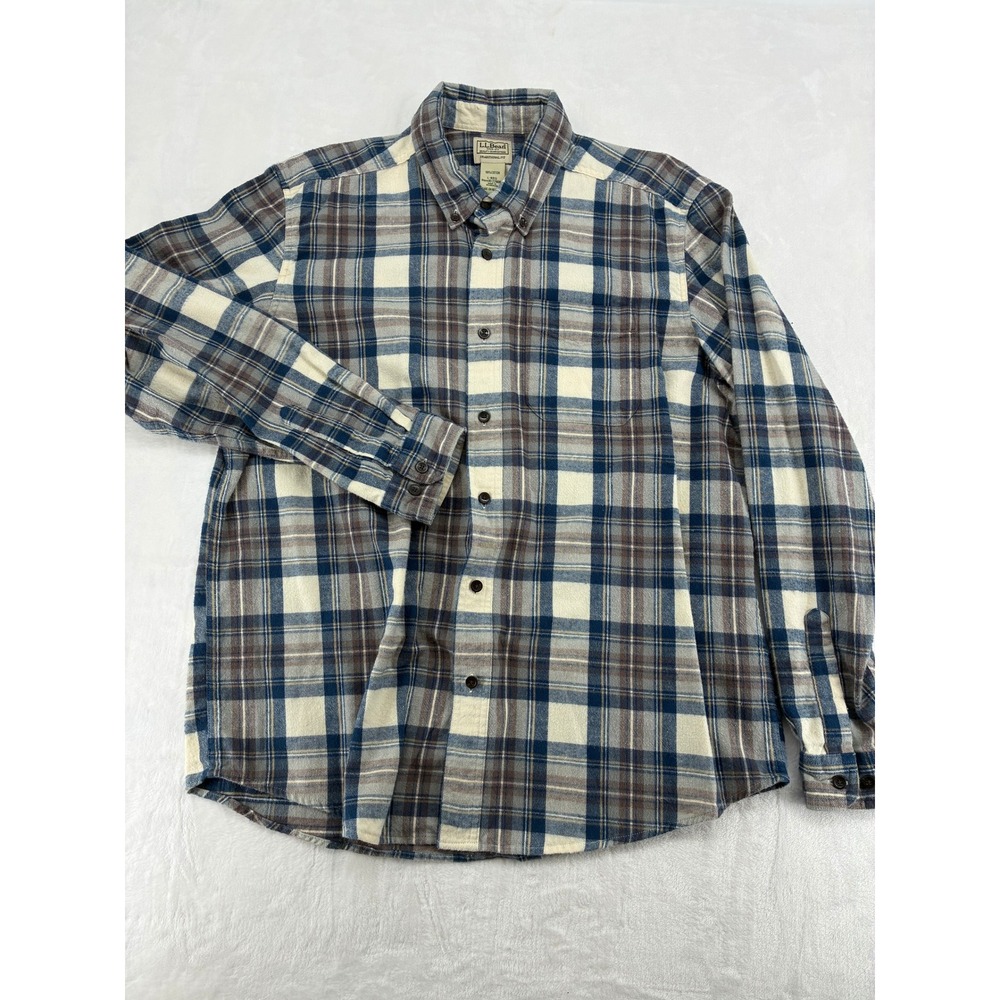L.L. Bean Shirt Mens L Button Down Plaid Blue Brown Traditional Fit‎ 228061